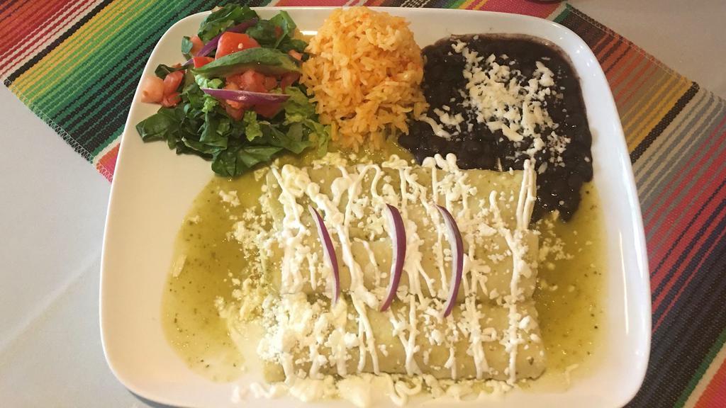 Enchiladas (3) . · Cheese or chicken enchiladas served with rice, beans, sour cream & cheese. Your choice of salsa (green, red, mole or beans).