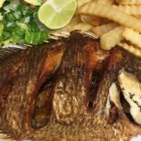 Fried Fish . · Whole Tilapia marinated and fried. Served with fries, whole beans and salad or rice, beans, ...