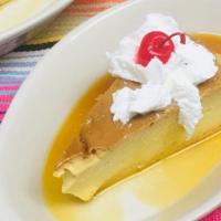 Flan · Caramel custard, topped wiped cream and cherry.