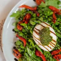 Burrata Salad (Gf) · Fresh whole burrata, roasted bell peppers, cherry tomatoes, extra virgin olive oil & balsami...