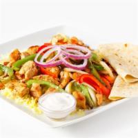 Chicken Fajita · Includes Chicken, Basmati Rice, Onions, Green/Red Peppers and 3 Tortillas.