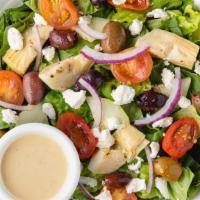 Mediterranean Salad · Romaine, Cherry Tomatoes, Shaved Red Onion, Diced Cucumbers, Marinated Artichoke Hearts, Mar...