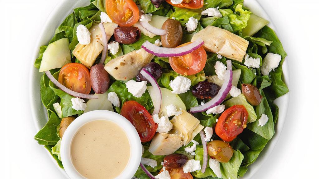 Mediterranean Salad · Romaine, Cherry Tomatoes, Shaved Red Onion, Diced Cucumbers, Marinated Artichoke Hearts, Marinated Olives, Feta Cheese, Champagne Vinaigrette.. Recommended w/ Salmon