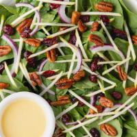 Apple Cranberry Salad · Spinach, Gala Apples, Dried Cranberries, Shaved Red Onion, Candied Pecan Clusters, Apple Cid...