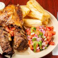 1/4 Rotisserie Chicken & 6 Oz Pork Ribs Combo · Served with salad and your choice of one small side order.