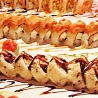 Red Dragon Roll · Cucumber, crab meat, cream cheese and spicy tuna on top.