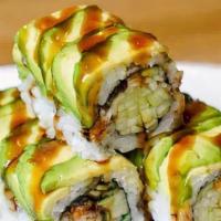 Dragon Roll · Cucumber, eel, and avocado with eel sauce on top.