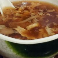 Hot & Sour Soup · Mushroom, tofu, egg, and bamboo shoot in a rich soup, very popular.
