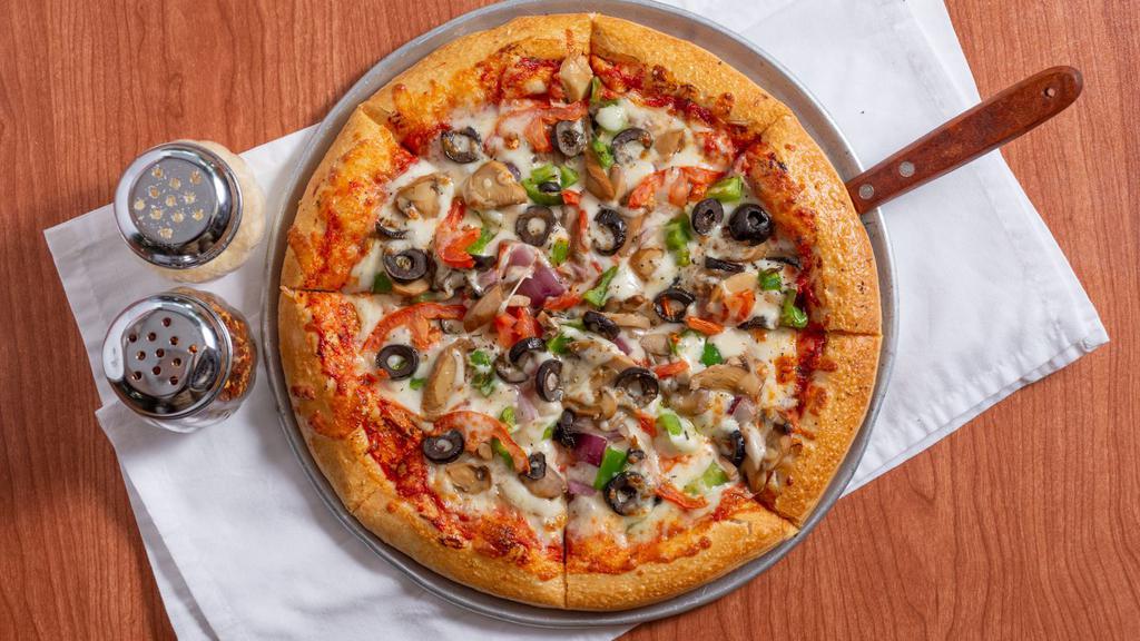 Veggie Lover Pizza · Onions, mushrooms, green peppers, black olives and sliced tomatoes.