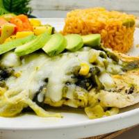 Grilled Chicken Poblano  * Eat Fit · All-natural grilled chicken bathed in our delicious Mexican rajas (roasted poblano, carameli...