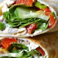 Wrap 1 · Fresh leaf spinach, diced tomato, red onion, black olives, and bell pepper medley.
