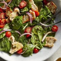 Spinach Salad · Fresh leaf spinach, queso fresco, diced cucumber, radish, cherry tomatoes, orange bell peppe...