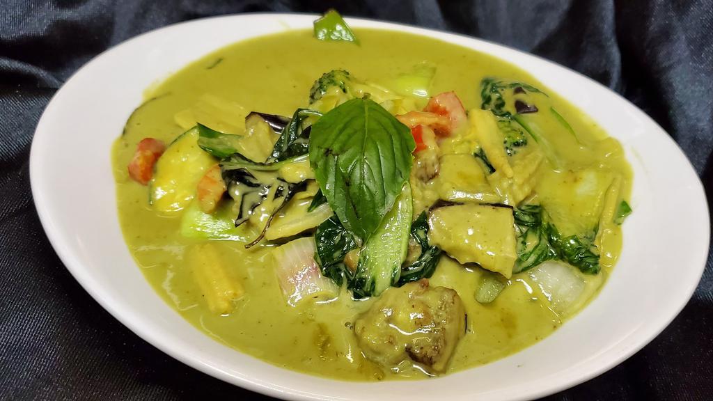 Green Thai Curry  · Eggplant, mixed vegetables and onions with bell-pepper, bamboo shoots in coconut Thai curry