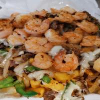 Shrimp & Steak Fries · Comes with onion,  green pepper and cheese.