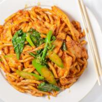 Stir Fried Satay Noodle · Hot and spicy. Prepared with Japanese udon noodle and Chinese broccoli in a spicy sauce.