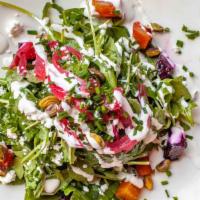 Sm Beet Salad · Gluten free. roasted baby beets and arugula dressed with sherry vinaigrette and citrus crema...