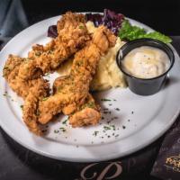 Southern Fried Chicken Strips · Hand-battered buttermilk chicken breast strips served with French fries and white gravy.