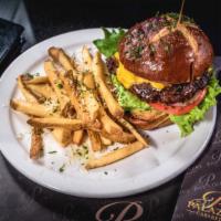 Palazio Steak Burger · 8 Oz ribeye/sirloin patty on a sesame seed bun dressed in mayo, leaf lettuce, tomato, pickle...