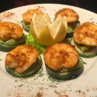 Cucumber Shrimp · Fresh cucumber slices topped with guacamole and blackened shrimp.