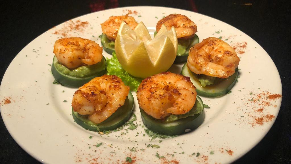 Cucumber Shrimp · Fresh cucumber slices topped with guacamole and blackened shrimp.