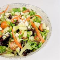 House Salad · Mixed greens, cucumbers, carrots, tomato, scallions, feta cheese, serve with our house vinai...