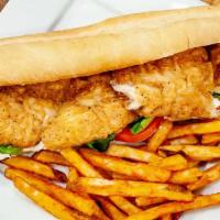 Ocean Perch Sub · Comes With Seasoned Fries, White Sauce, Lettuce and Tomato.
