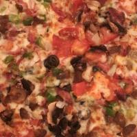 Supreme Pizza (16” - X-Large) · Pepperoni, sausage, ham, green peppers, onions, mushrooms, black olives, and tomatoes.