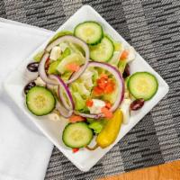 Greek Salad · Mixed lettuce green pepper tomato wedges red onion cucumbers kalamata olives banana pepper f...
