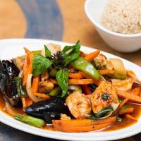 Chili Seafood · Stir-fried with carrot, sweet basil, bell peppers, onion and scallions.