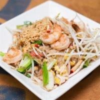 Pad Thai · Popular Thai noodles stir-fried with bean curd, crushed roasted peanuts, bean sprouts, scall...