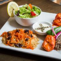 Kofta And Chicken Combo · seasoned Angus ground beef and skewer of chicken kabob, served with Salad, Kabuli rice and t...
