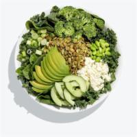 Spinach Inquisition Salad · Baby Spinach, kale power blend, avocado, edamame, broccoli, cucumber, green onion, goat chee...