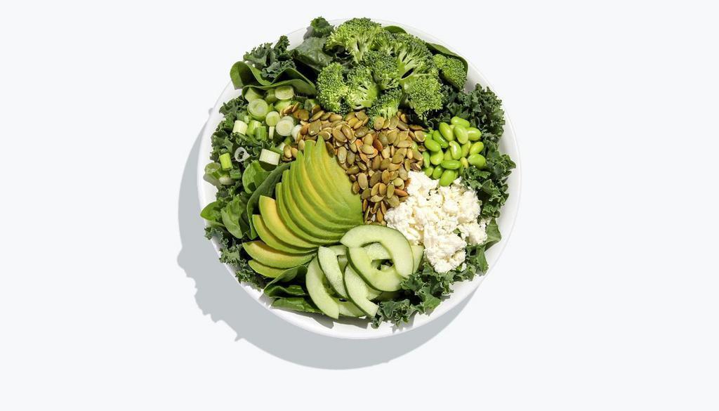 Spinach Inquisition Salad · Baby Spinach, kale power blend, avocado, edamame, broccoli, cucumber, green onion, goat cheese, topped with pumpkin seeds, and served with Green Goddess dressing.