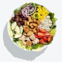 Hide & Go Greek Salad · Baby spinach, iceberg, chickpeas, artichoke hearts, Kalamata olives, cucumber, cherry tomato...