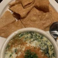 Spinach & Baby Artichoke Dip · Four Cheeses, Crispy Tortillas