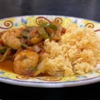 Camarones Al Mojo De Ajo · Shrimp, garlic, scallions, sweet onions, corn, and tomato. Served with side of rice and roas...