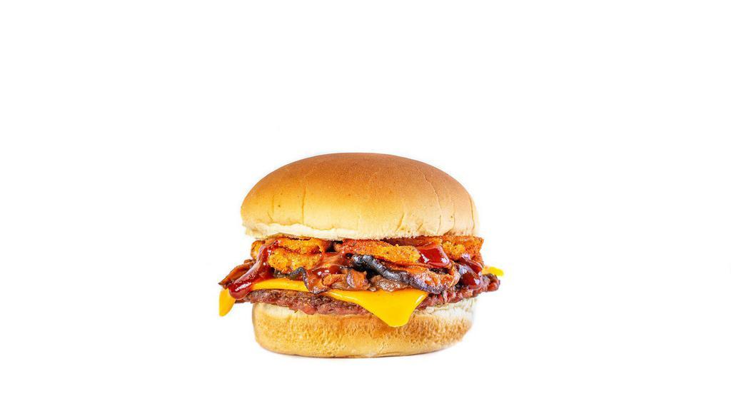 Plnt Mushroom Bacon Burger · Beyond Meat Patty, Caramelized Onion, NewFields Cheddar Cheese, Mushroom Bacon, PLNT BBQ Sauce, Crispy Onion Petals, Potato Bun