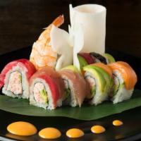 Rainbow Roll · California roll topped with tuna, salmon, albacore, shrimp and avocado.