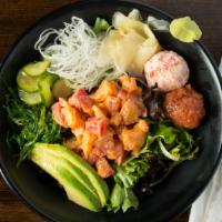 Hawaiian Poke Bowl · Assorted fish, krab, spicy tuna, seaweed salad, cucumber salad, organic spring mix, avocado,...