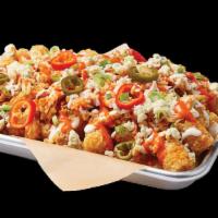Buffalo Chicken Tots · TOTS / PULLED CHICKEN / BUFFALO SEASONING / BLEU CHEESE CRUMBLES / PICKLED HOT PEPPERS / MED...