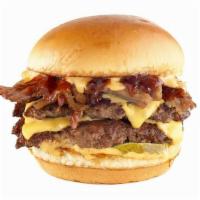 Smoked Brisket Burger · DOUBLE PATTY / HAND-SMASHED / AMERICAN CHEESE / SMOKED PULLED BRISKET / SWEET BBQ / GRILLED ...