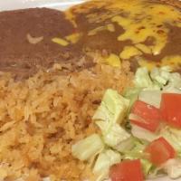 Cheese Enchiladas (3) Plate · Three Enchiladas, Rice, Beans, and Salad