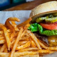 Bacon Cheddar Burger · All beef patty, Cheddar cheese, bacon, lettuce, tomato, red onion and pickle chips. Served o...
