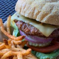 Beyond Burger · Beyond burger patty, vegan American cheese, lettuce, tomato, red onion, and pickle chips. Se...
