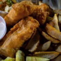 Fish & Chips · Two large pieces of fresh cod, hand battered and flash fried. Served with our seasoned fries...