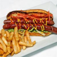 Will'S 1/4 Pound Hot Dog · Topped with Tomatoes, Shredded Lettuce, Caramelized Onions and Drizzled with Ketchup and Mus...