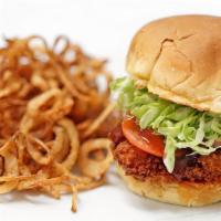 Jimmy'S Crispy Chicken Sandwich · Breaded Chicken Breast crisped to perfection and served with Lettuce, Tomato, Onion and a si...