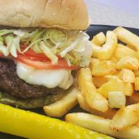 Denis' Classic Cheese Burger · Served with Lettuce, Tomato, Onion, American Cheese and Mayo.