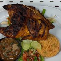 1/2 Pollo Asado (Half Grilled Chicken) · Grilled chicken served with Mexican rice,pico de gallo , charro beans and corn or flour tort...