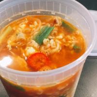 Ramen (라면) · Spicy or Mild or Seafood. Korean ramen noodle topped with assorted vegetables and an egg (NO...